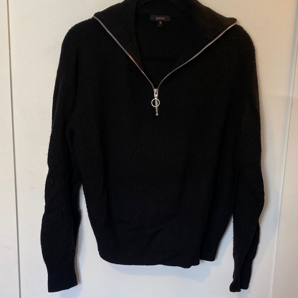 Quince Black Half-Zip Ribbed Mock Neck Sweater